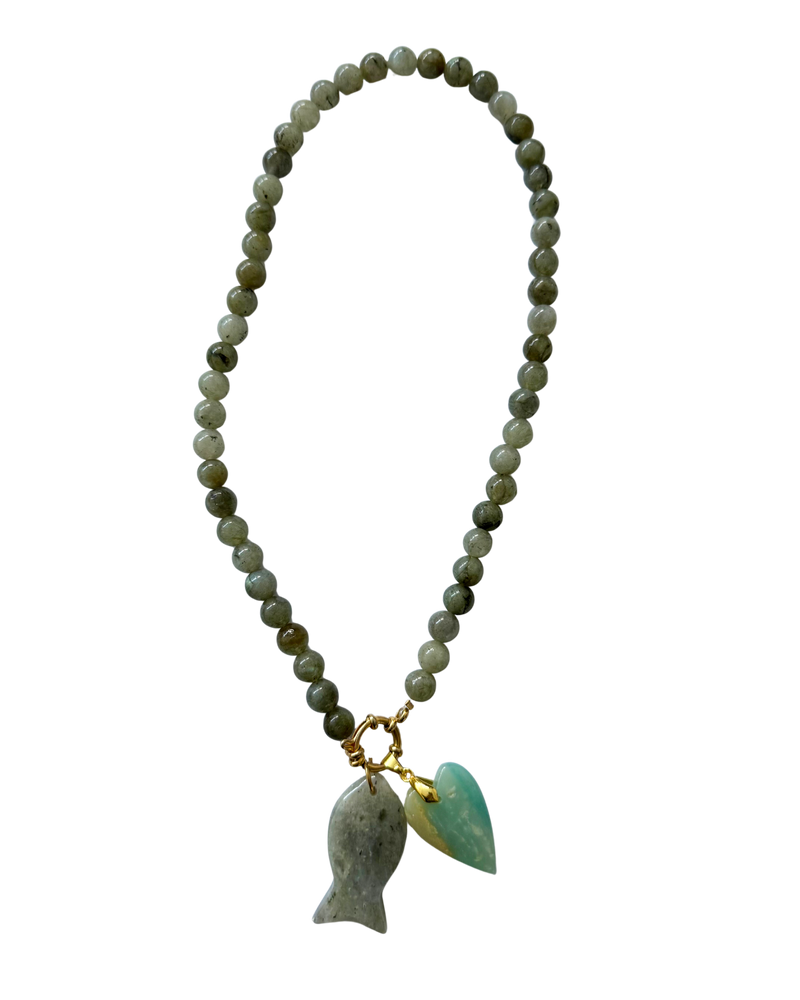 Golden beaded necklace - Grey jade