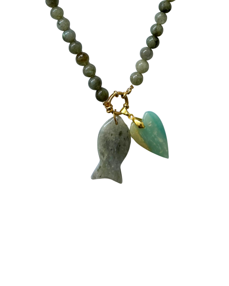 Golden beaded necklace - Grey jade