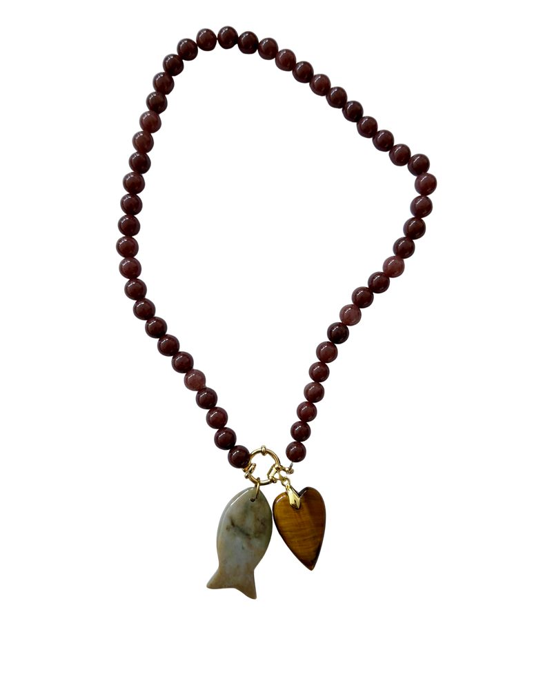 Golden beaded necklace - Chocolate brown jade