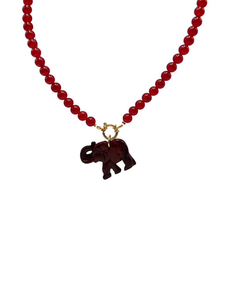 Golden beaded necklace - Red jade