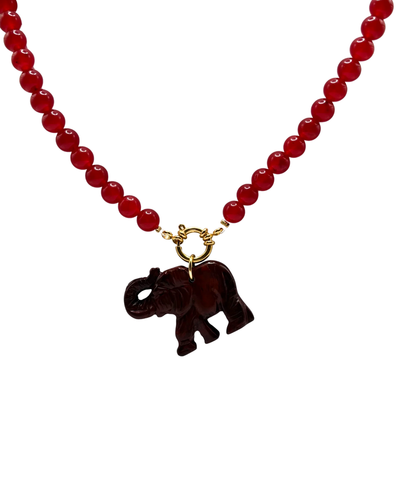 Golden beaded necklace - Red jade
