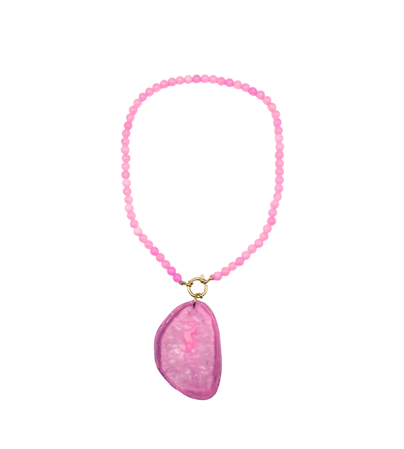 Golden beaded necklace - pink jade